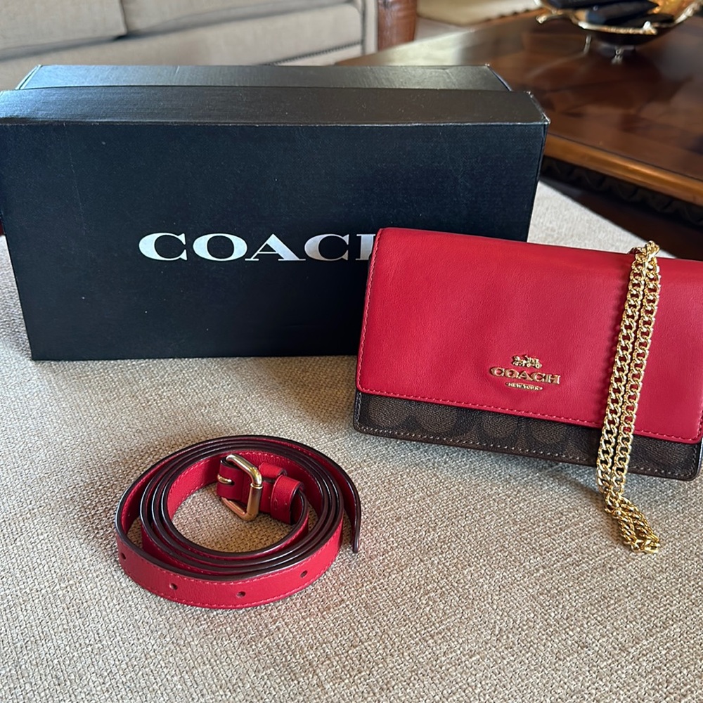 Coach Flap Color Block Red Leather And Brown Canv… - image 1